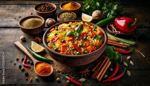 a yellow briyani rice dish served in a rustic brown clay bowl, garnished with fresh green herbs, red chilies and lemon slices on the side photo