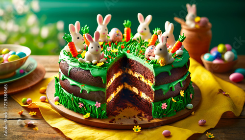 Easter carrot cake decorated with cream cheese, mini easter eggs candy, sugar bunnies and marzipan carrots photo