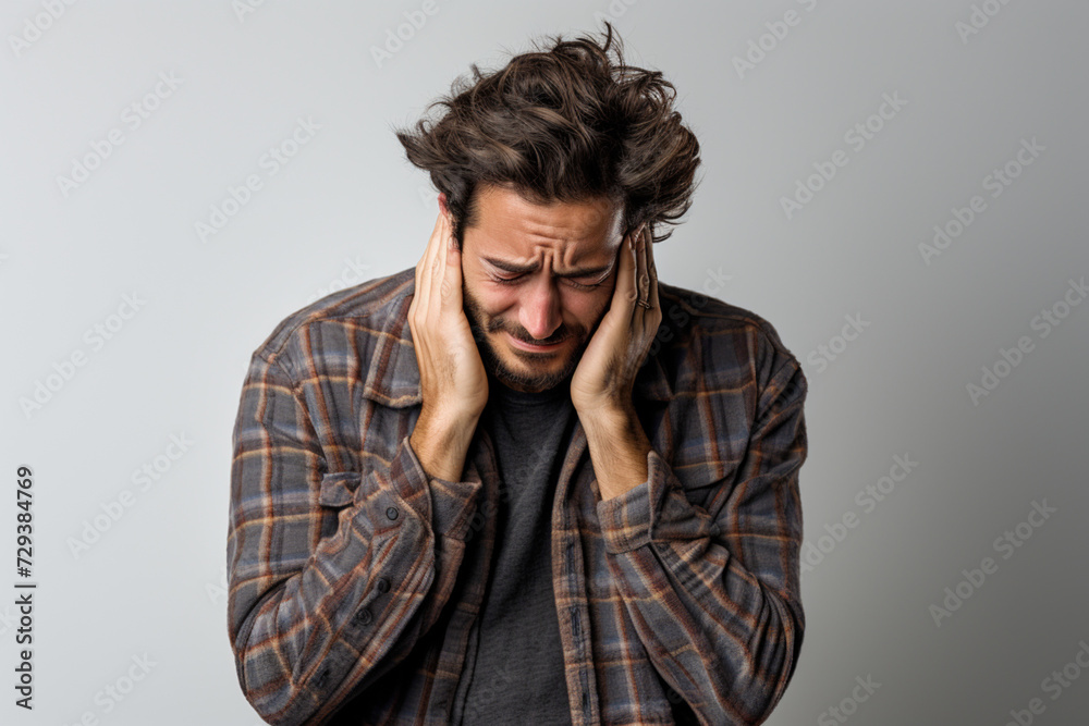 Nervous desperate man crying with hands on his temple on gray studio background. Bad news, headache, depression. Life issues stress and suffer concept Nervous desperate man crying with hands on his temple on gray studio background. Bad news, headache, depression. Life issues stress and suffer concept