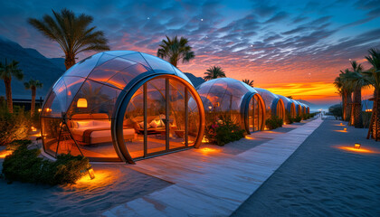Modern igloo tents designed for luxury desert camping, set against a twilight sky filled with stars.Geodesic domes.