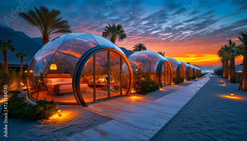 Modern igloo tents designed for luxury desert camping, set against a twilight sky filled with stars.Geodesic domes. © Svetlana Kolpakova