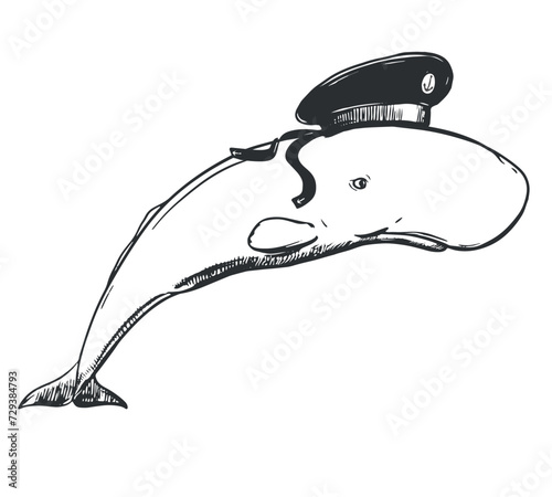 White sperm whale in a sailor's hat. Creative illustration of a whale wearing a Russian naval sailor's cap. Old school tattoo sketch, surreal idea for t-shirt prints.
