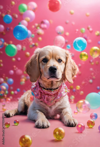 Un jeune chiot allonger avec des bulles colorés autour - generative AI