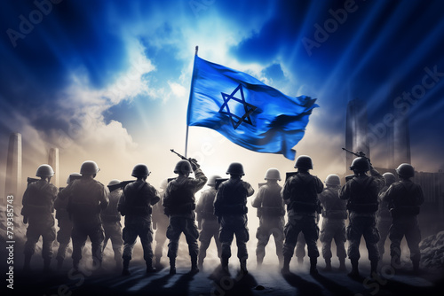 Army of Israel standing in front flag protects the people its country from aggression AI Generation photo