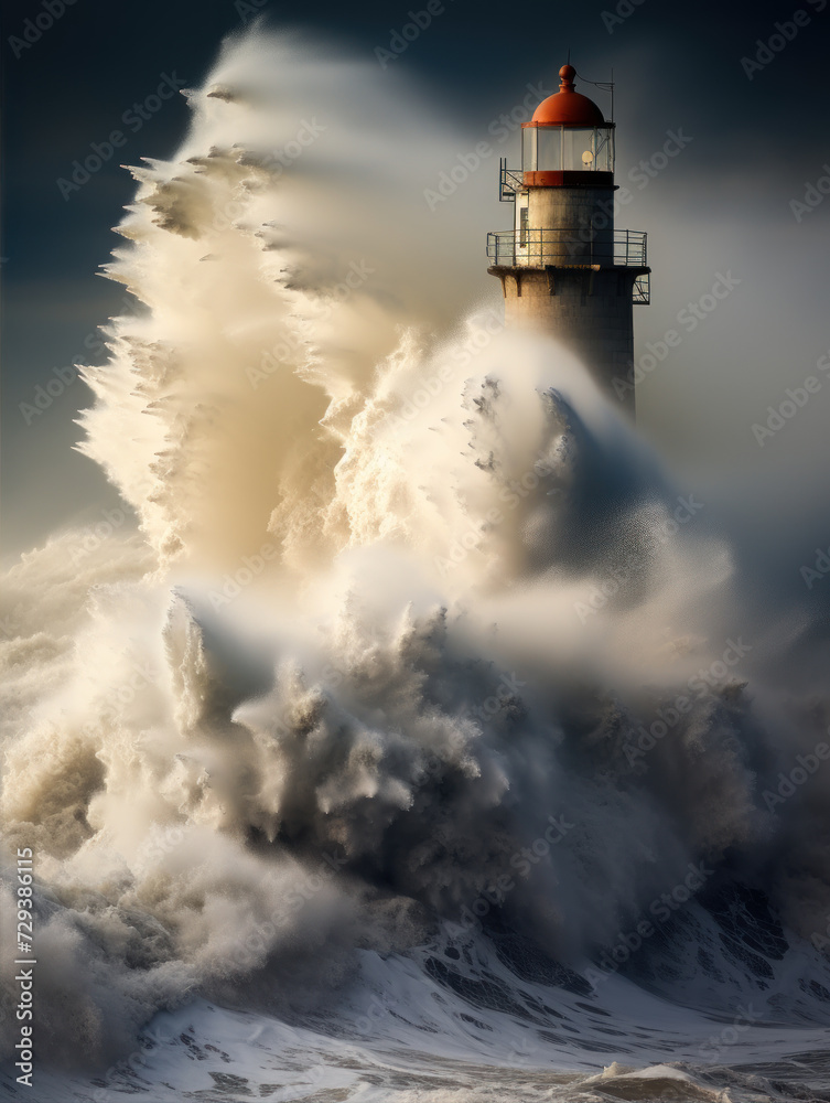 Lighthouse in the middle of the sea and big waves