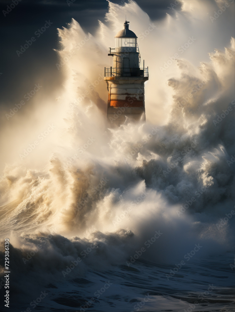 Lighthouse in the middle of the sea and big waves