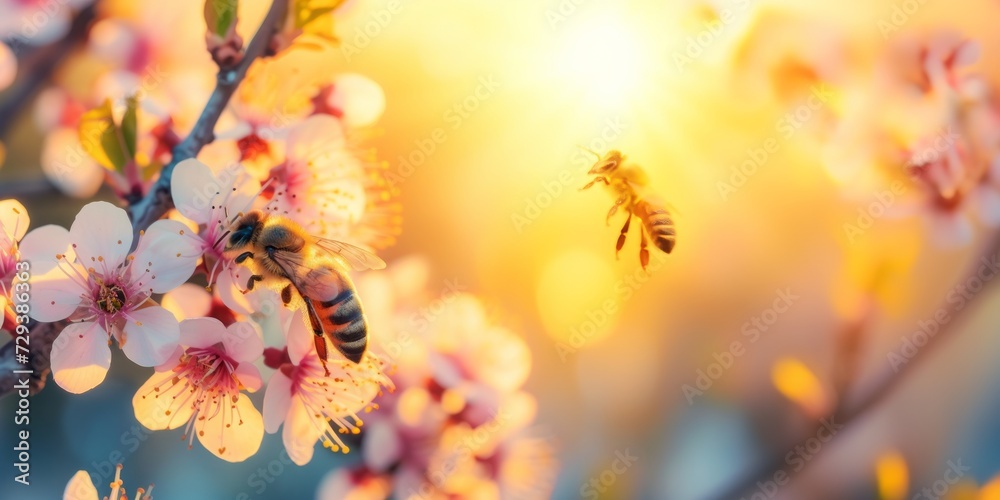 Close up bee flies near a flower collecting nectar in spring and summer	 - obrazy, fototapety, plakaty 