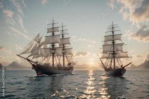 Mesmerizing scene with classical old sailing ships come alongside sailing the sea at sunset