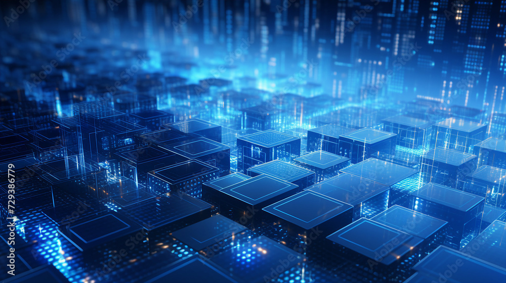 Obraz premium A 3D digital network of glowing blue blocks