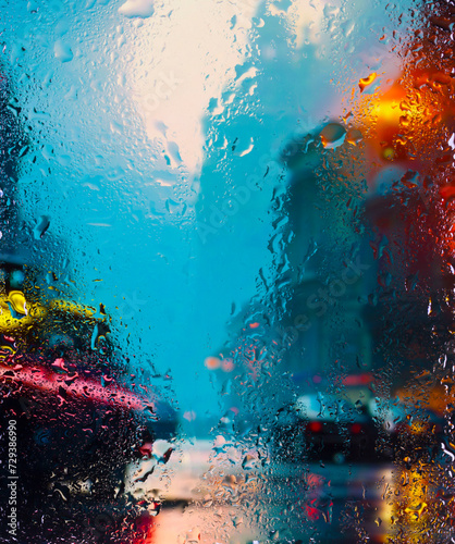 View through a glass window with raindrops on city streets with cars in the rain, bokeh of colorful city lights, night street scene. Focus on raindrops on glass	