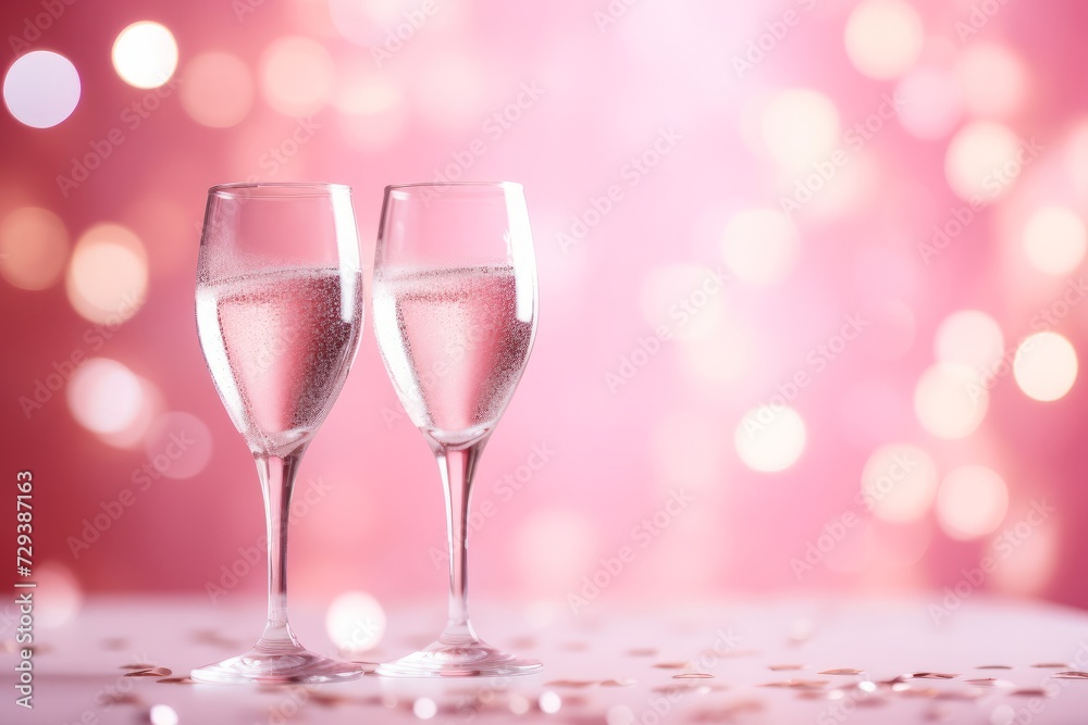 Close up two glasses of champagne with bubbles stand against a background of blurry cool bokeh with copy space. Concept for New Year celebration, Valentine's day, romantic date, wedding anniversary Close up two glasses of champagne with bubbles stand against a background of blurry cool bokeh with copy space. Concept for New Year celebration, Valentine's day, romantic date, wedding anniversary