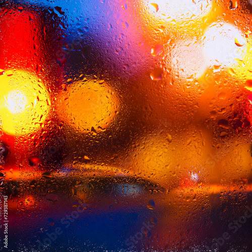 View through a glass window with raindrops on city streets with cars in the rain  bokeh of colorful city lights  night street scene. Focus on raindrops on glass