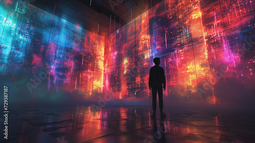 Portrait of amazed young woman in a VR headset explores the metaverse's virtual space. Gaming and futuristic entertainment concept, Man uses metaverse technology in an industrial setting. Neon