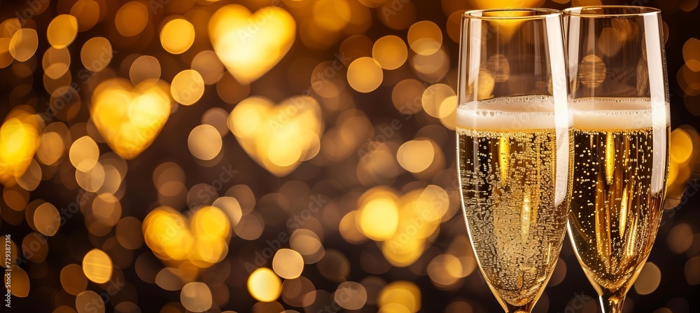 Close up two glasses of champagne with bubbles stand against a background of blurry cool bokeh with copy space. Concept for New Year celebration, Valentine's day, romantic date, wedding anniversary Close up two glasses of champagne with bubbles stand against a background of blurry cool bokeh with copy space. Concept for New Year celebration, Valentine's day, romantic date, wedding anniversary