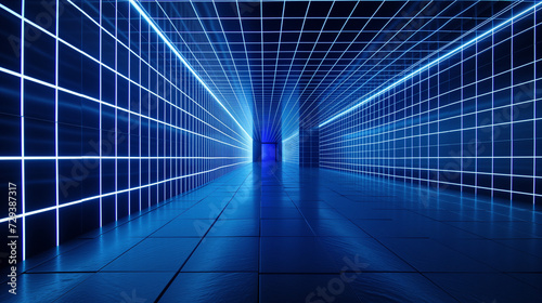 Blue Light Tunnel: Digital Technology in a Futuristic Space,Glowing Lines in Abstract Light Space