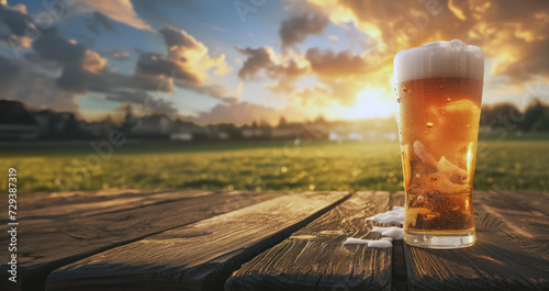 A glass mug filled with golden beer. Mug on a wooden surface with a blurred background of a sunset with warm golden light
