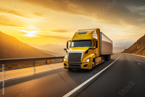 On asphalt road cargo by semi truck with trailer container transport in sunrise AI Generation