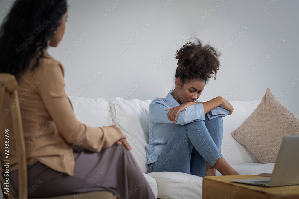 Sad PTSD woman patient in crucial therapy for mental health with ...
