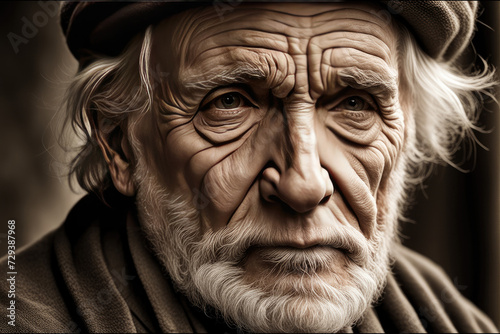 Portrait of elderly man 70 years old. Old age. Face with wrinkles.