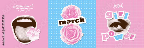 March 8 international women's day halftone collage cards set. Trendy Girl power concept. Vector illustrations. Typography banners. Background for a poster, t-shirt or banner.