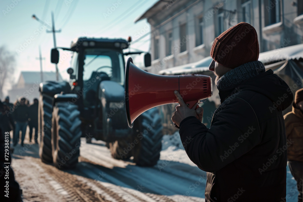 A man in a jacket holds a megaphone and addresses a crowd of people. A large agricultural tractor drove to the protest