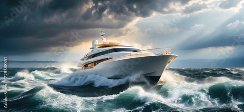 Obraz na płótnie luxury motor yacht navigating in a storm in the ocean. bad weather sea, big windy waves w salonie
