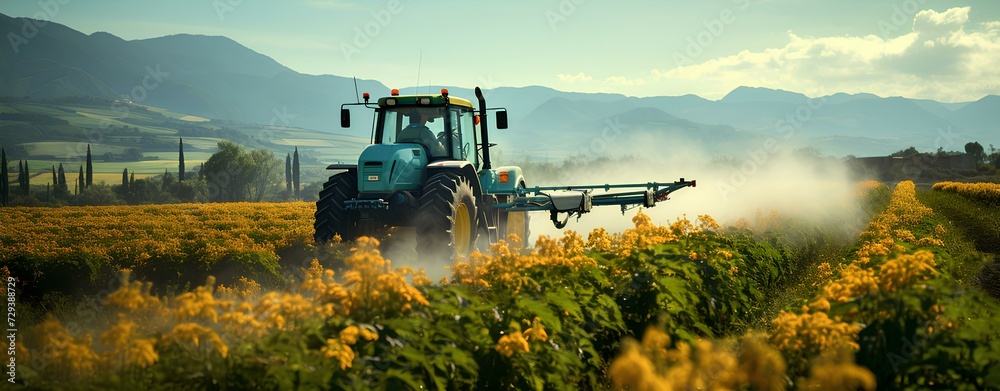 Agricultural tractor spraying field: crop maintenance and farming technology. Generative AI. - obrazy, fototapety, plakaty 