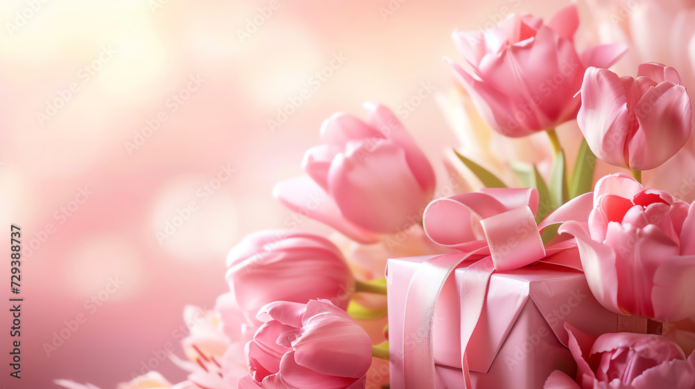Bouquet of tulips and gift box on bokeh background
Bouquet of tulips and gift box on bokeh background