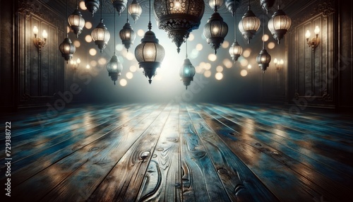 Empty dark wooden floor with a dark and softly glowing background in shades of turquoise and dark blue photo