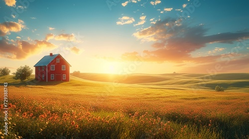 Sunset over a red farmhouse in a lush green field under a cloudy sky