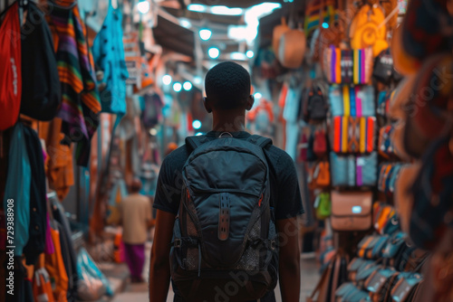 A person walks along a narrow street with a market in a shopping district. A man with a backpack walks between shops and stalls