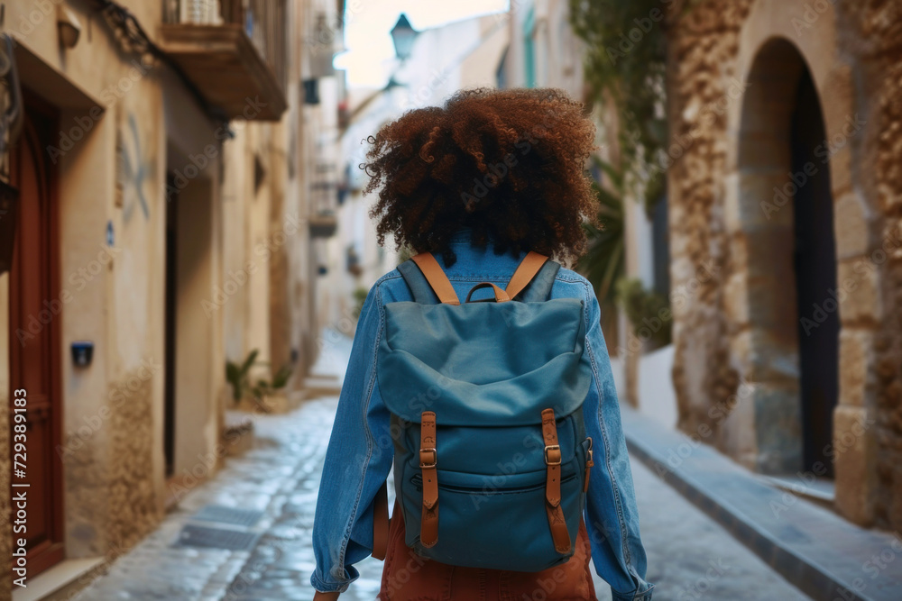 A person walks down a narrow street with buildings on both sides. A person with a bright backpack walks through the city on a sunny day A person walks down a narrow street with buildings on both sides. A person with a bright backpack walks through the city on a sunny day