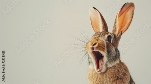 Happy funny excited rabbit hare with long ears and wide open mouth on bright background, banner with copy space photo