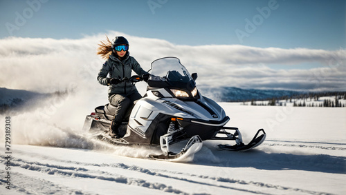 woman riding a snowmobile in a cold winter landscape