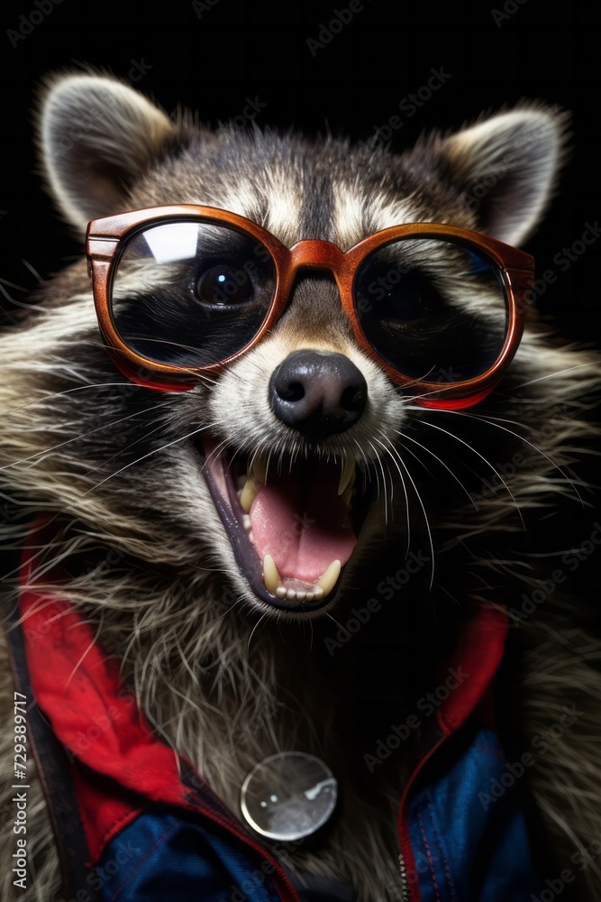 Close up portrait of a raccoon in a superman costume wearing glasses