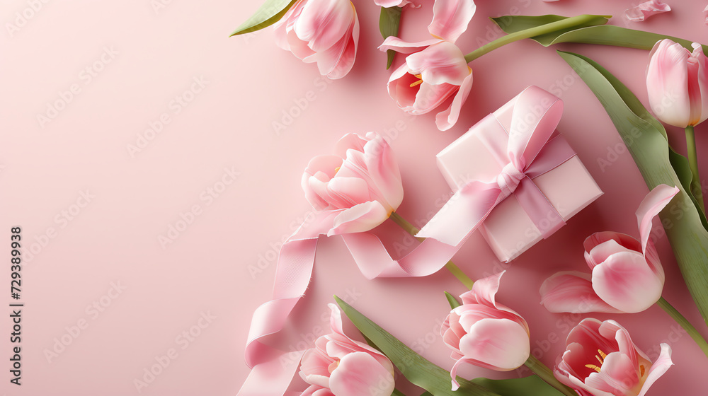 Bouquet of tulips and gift box on bokeh background
Bouquet of tulips and gift box on bokeh background