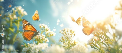 Butterflies gracefully float on white flowers among green nature, beneath an open sky with a shining sun.
