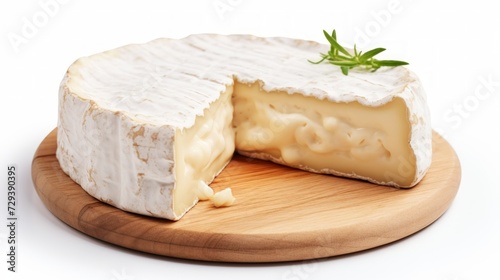 A creamy brie cheese showcased in a close-up realistic photo against a white background Generative AI