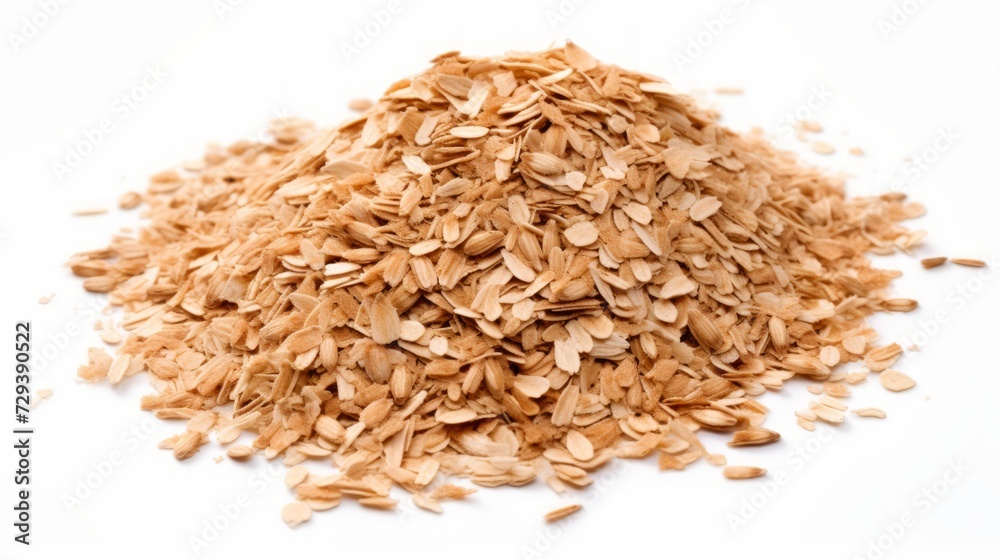 A small heap of spelt flakes captured in a close-up realistic photo against a white background Generative AI A small heap of spelt flakes captured in a close-up realistic photo against a white background Generative AI