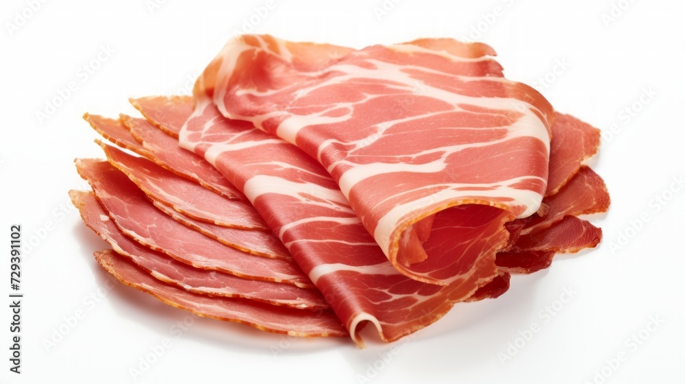 Close-up realistic photo featuring a thinly sliced jamon de bellota against a white background Generative AI