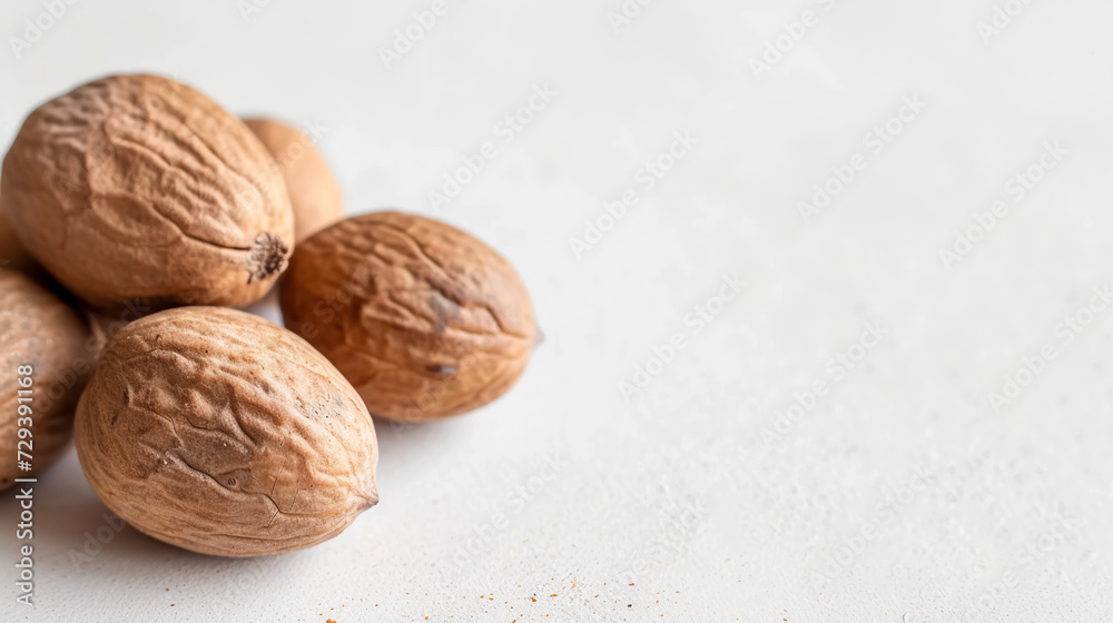 The Close Up Photography of Some Nutmeg Seeds, Textured Detail, Isolated On White, Perfect For Educational Content Or Spice Displays. The Close Up Photography of Some Nutmeg Seeds, Textured Detail, Isolated On White, Perfect For Educational Content Or Spice Displays.