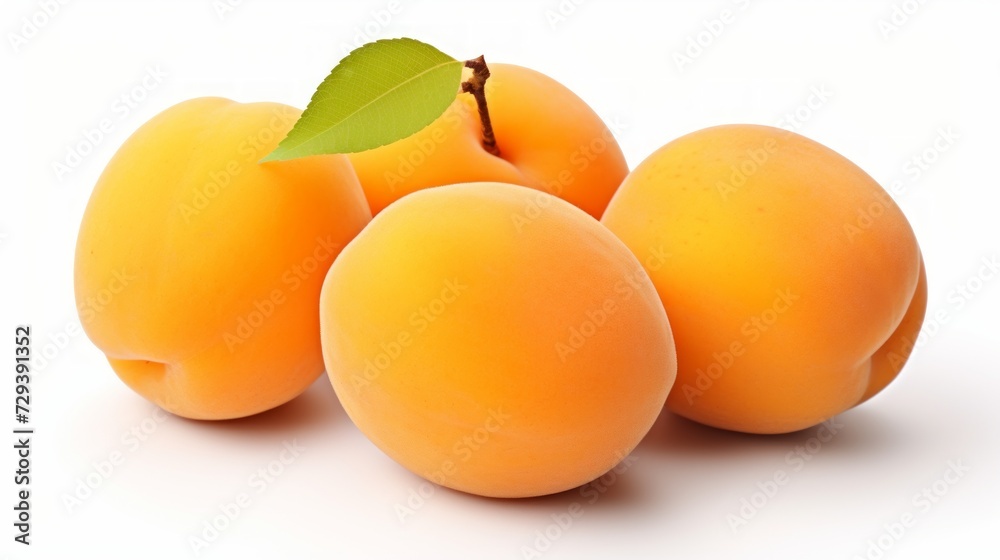 Close-up realistic photo of three sweet, golden apricots on a white background Generative AI Close-up realistic photo of three sweet, golden apricots on a white background Generative AI