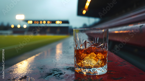 Cinematic wide angle photograph of two whisky glasses at a soccer stadium. Product photography.
