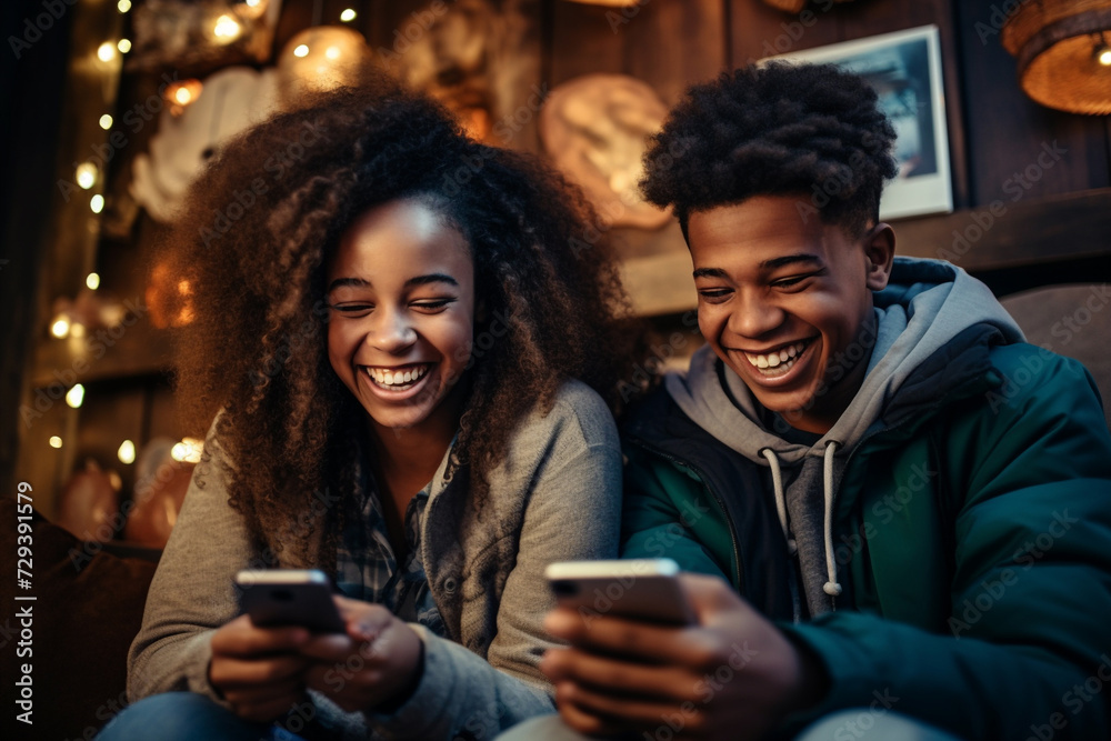 Two African American teenagers students sit together laughing looking in phone screens of their mobile phones. Problem of free time spending of young people concept