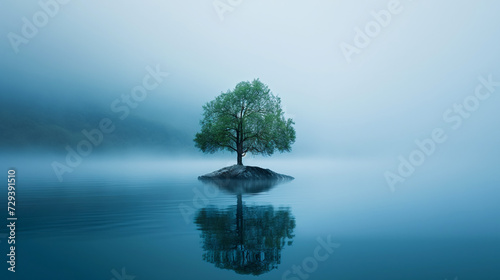 A lonely tree in the middle of a lake on a small island during the morning fog