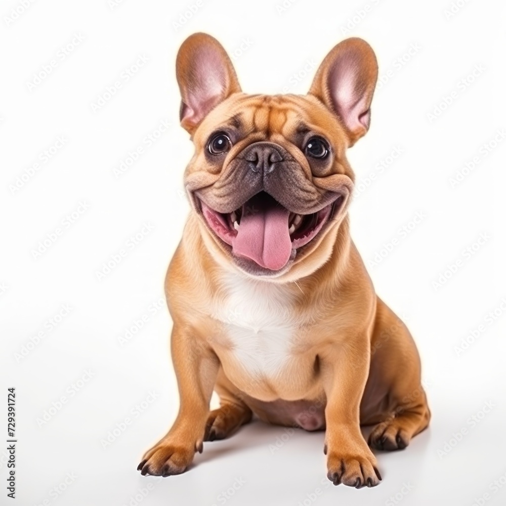 Joyful French Bulldog sitting on a white background, smiling face, lively eyes Generative AI