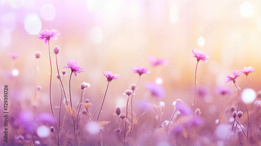Soft purple wildflowers blooming in a dreamy, sunlit meadow