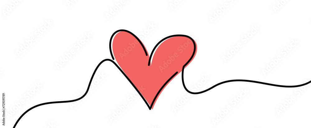 Single pink heart continuous wavy line art drawing on white background. Single pink heart continuous wavy line art drawing on white background.