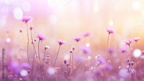 Soft purple wildflowers blooming in a dreamy, sunlit meadow