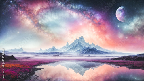 tranquil otherworldly landscape illuminated by a mesmerizing celestial phenomenon, seamlessly blending vibrant colors. This visually stunning piece will evoke a sense of wonder and serenity